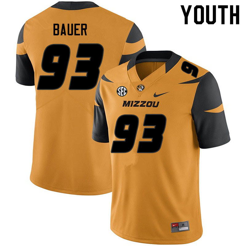 Youth #93 Luke Bauer Missouri Tigers College Football Jerseys Sale-Yellow